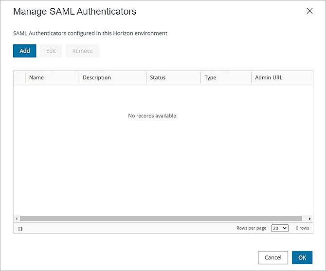 Screenshot of the manage SAML authenticators dialog box.